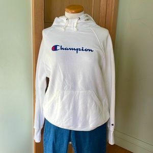Champion Graphic Logo White Long Sleeve Hoodie Kangaroo Pocket, Size L